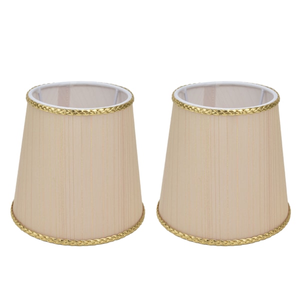 2 stk. liten lampeskjerm i stoff, beige med gullkant, til E14 bordlampe, lysekrone og vegglampe