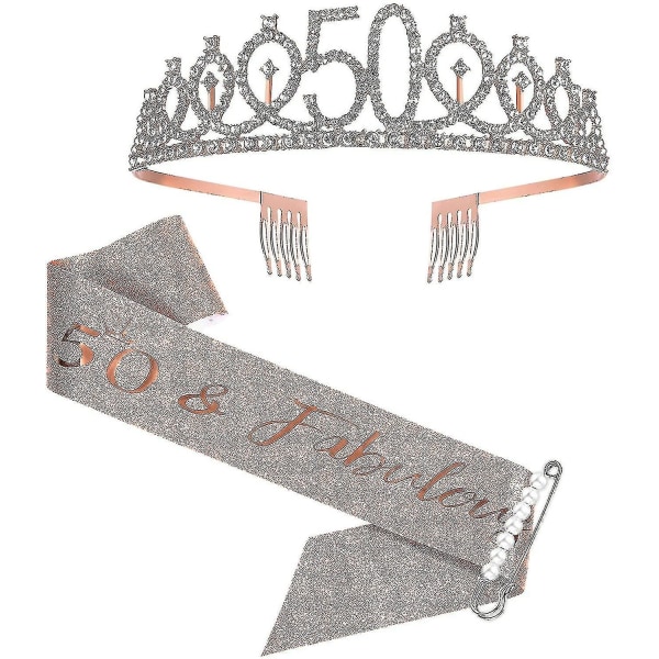 50 års bursdagssash og tiara for kvinner, rosegull bursdagssash