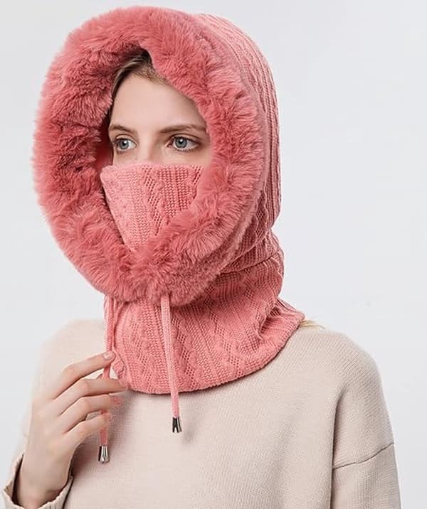 Vinterhue til kvinder - Strikket hue - Fleecehue med snøre - Pink
