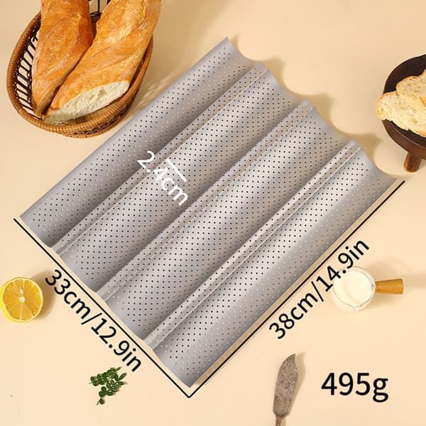 Baguette Bageplade - Fire-Slots Rustfrit Stål Baguetteform - Køkkenbageværktøj - 38x33x2,4 cm - Sølv