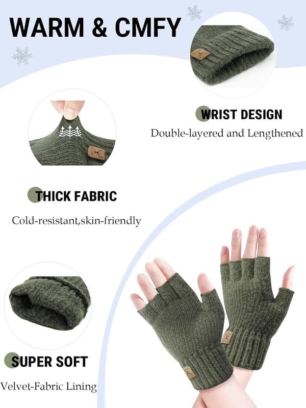ING Varme Strikkede Luffer med Fingre til Efterår og Vinter Unisex Grønne Handsker One Size