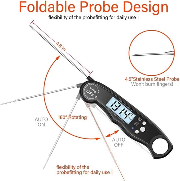 Digitalt Stegetermometer, Kernetermometer, Sliktermometer, Køkkentermometer, Med Baggrundsbelyst LCD-Display, Øjeblikkelig Aflæsning af Madtermometer, Sort