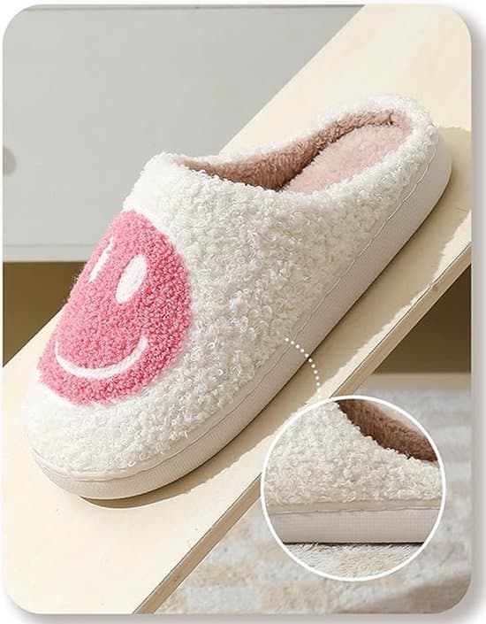 Bløde fleece hjemmesko – unisex, smiley ansigt - grå - størrelse 40-41 - et par