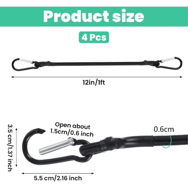 ING 4-delars set - Bagageremmar - 30 cm elastisk snodd med karbinhake - Bindremmar - Karbinhake elastisk snodd - Infällbar lina -