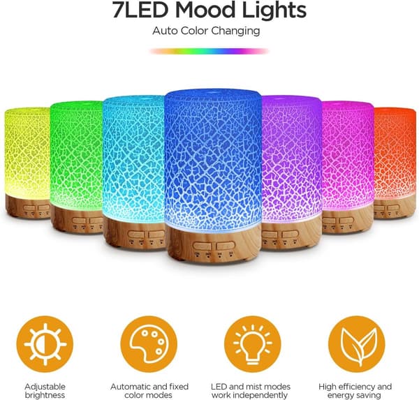 Æterisk oliediffuser, aromaterapi, 150 ml, elektrisk ultralyd æterisk oliediffuser med luftfugter, 7 LED-farver, til hjemmet, kontoret, huset, yoga