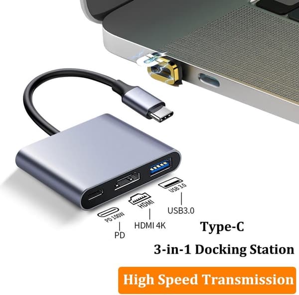 3-i-1 USB-C til HDMI Adapter - USB Dock - 4K HDMI - Multi-Port Adapter - Kompatibel med Android/iOS/Windows
