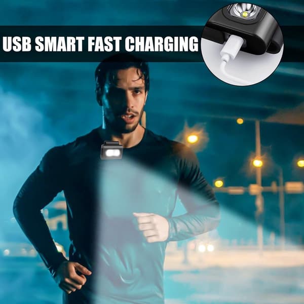 2 stk. LED-klipplykt, oppladbar, liten hodelykt, brystlys, mini-hodelykt, nattlys, USB-løpelys for løping, jogging, camping