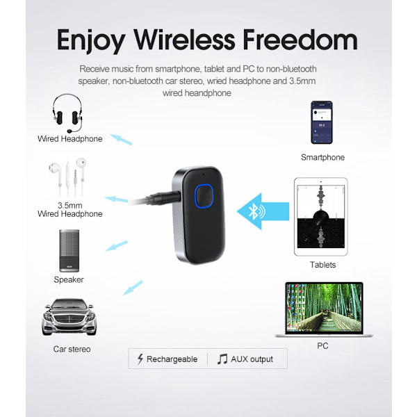 Bluetooth-mottaker - 16 timer trådløs tilkobling - Bluetooth 5.0 - 3,5 mm AUX
