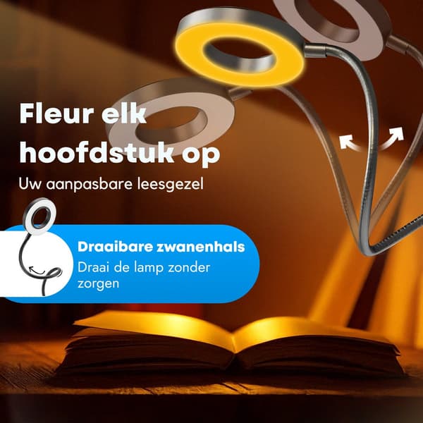 Nattbordslampe - Clip-on lampe - Nattbordsleselys - 3 lysmoduser - Bokleselampe