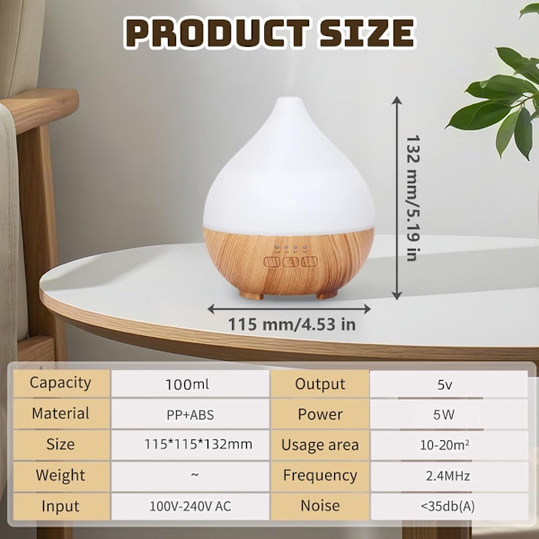 Aroma Diffuser, 100 ml, Ultralyd Luftfugter, Aromaterapi, Oliediffuser, Æterisk Oliediffuser med 7-farvet LED-lys og Automatisk Sluk-funktion