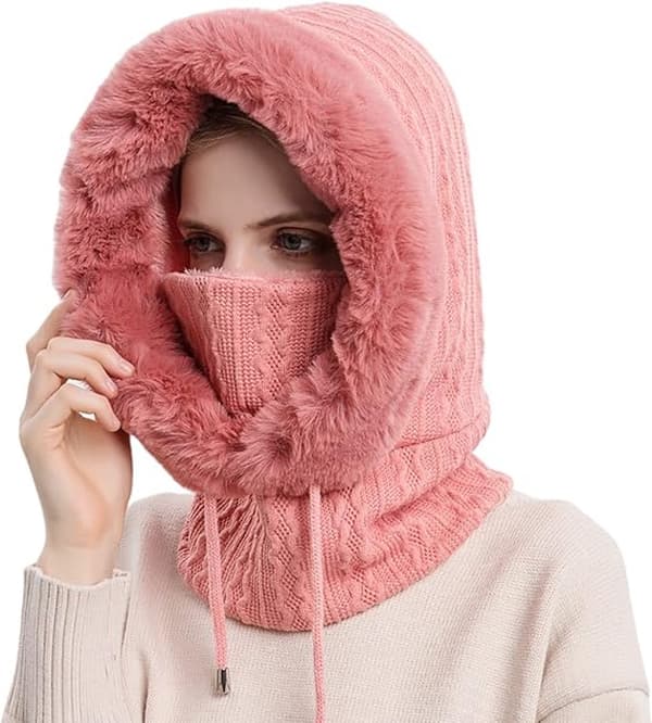 Vintermössa för damer - Stickad mössa - Fleecemössa med dragsko - Rosa
