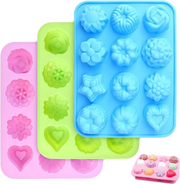 Fødevaregodkendte silikone blomsterforme, blomster- og hjerteformet slip-let bageform, 3-pak silikoneforme til chokolade, slik, gelé, isterninger, blå og