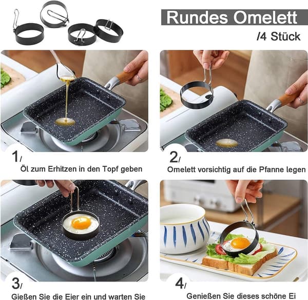 ING Egg Ring 4 deler rustfritt stål ø7,5 cm stekt egg form pannekakeform pannekakemaker matlaging baking rund for omeletter eggpannekaker og svart