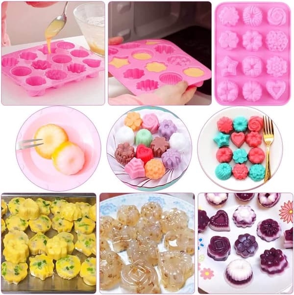 Fødevaregodkendte silikone blomsterforme, blomster- og hjerteformet slip-let bageform, 3-pak silikoneforme til chokolade, slik, gelé, isterninger, blå og