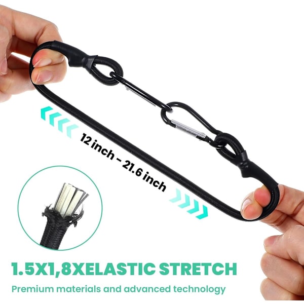 ING 4-delars set - Bagageremmar - 30 cm elastisk snodd med karbinhake - Bindremmar - Karbinhake elastisk snodd - Infällbar lina -