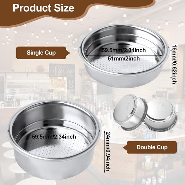 Kaffefilter i rustfrit stål, filterkaffemaskine, kurv til 51 mm dobbeltlags trykfilter, 1 kop, 2 kopper, kaffefilter til espressofilter