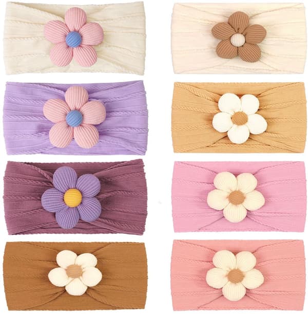 8-delt babys hårbåndssæt med blomster (0-3 år) - Bløde elastiske hårbånd - Pigehårtilbehør