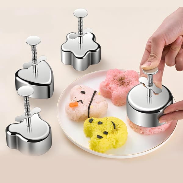 Fire søde riskugleforme i rustfrit stål, sushiformer i metal og brugervenlige riskugleforme inklusive bjørne-, blomster-, hjerte- og kugleforme, perfekte til