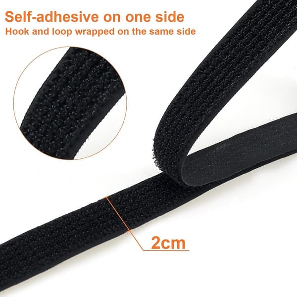 Selvklæbende velcro, 5 meter lang, 2 centimeter bred, genanvendelig, til kabelstyring, organisering og opbevaring. Sort.