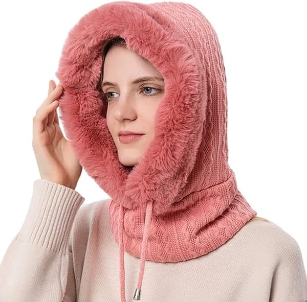 Vintermössa för damer - Stickad mössa - Fleecemössa med dragsko - Rosa