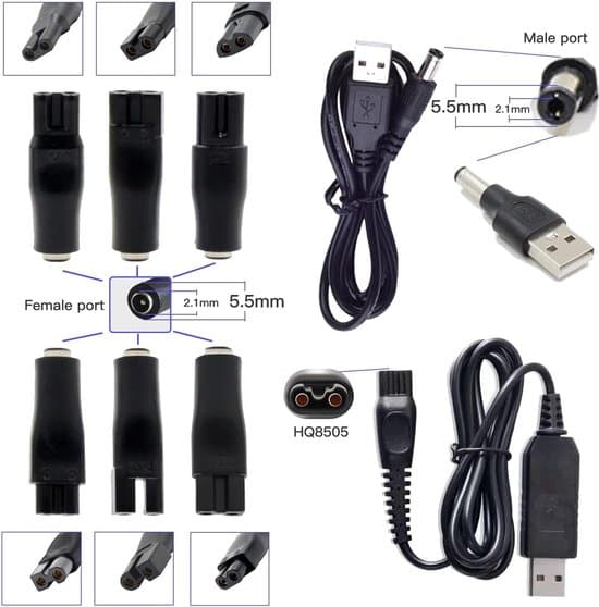 ING Universal hårklipperledning med DC-interface – USB-adapter, opladerhoved, strømledning, barbermaskineoplader og inverter.