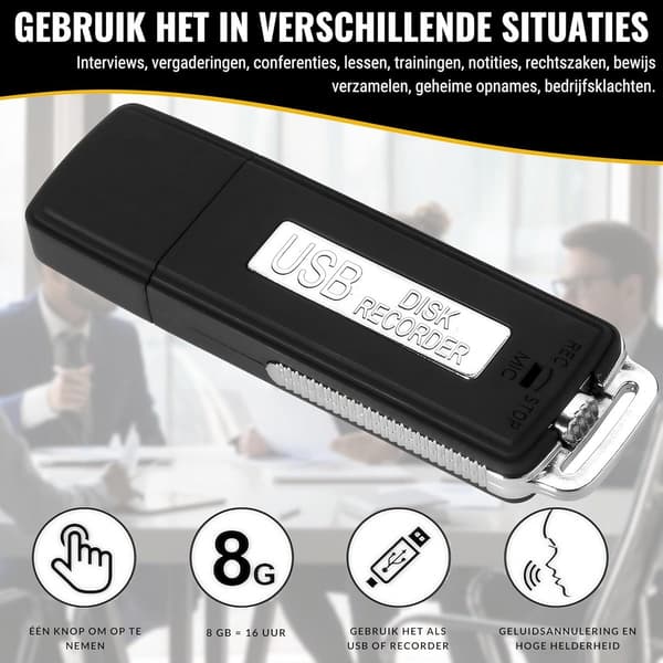 USB Digital Stemmeoptager, Mini Bærbar Stemmeoptager 8GB, Ideel lydoptager til møder, interviews, konferencer