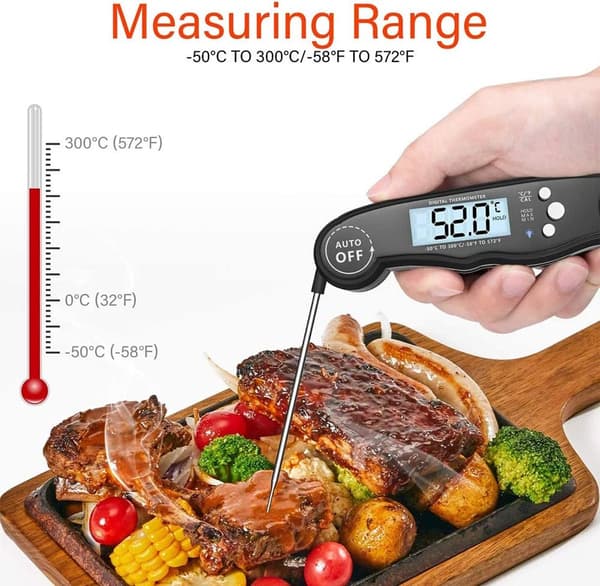 Digitalt Stegetermometer, Kernetermometer, Sliktermometer, Køkkentermometer, Med Baggrundsbelyst LCD-Display, Øjeblikkelig Aflæsning af Madtermometer, Sort