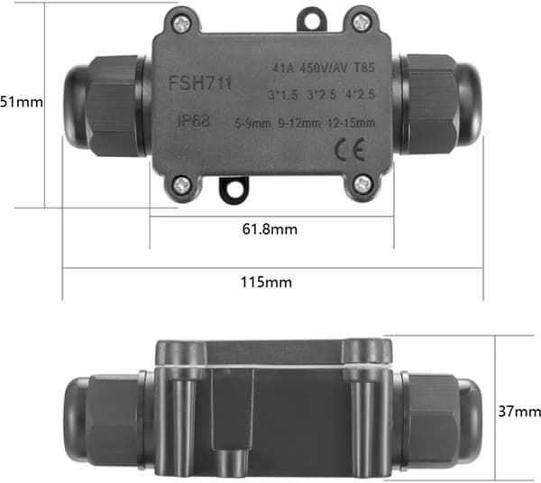 Vandtæt samledåse, IP68 vandtæt klassificering, sort - 5 til 15 mm - egnet til 2 kabler.