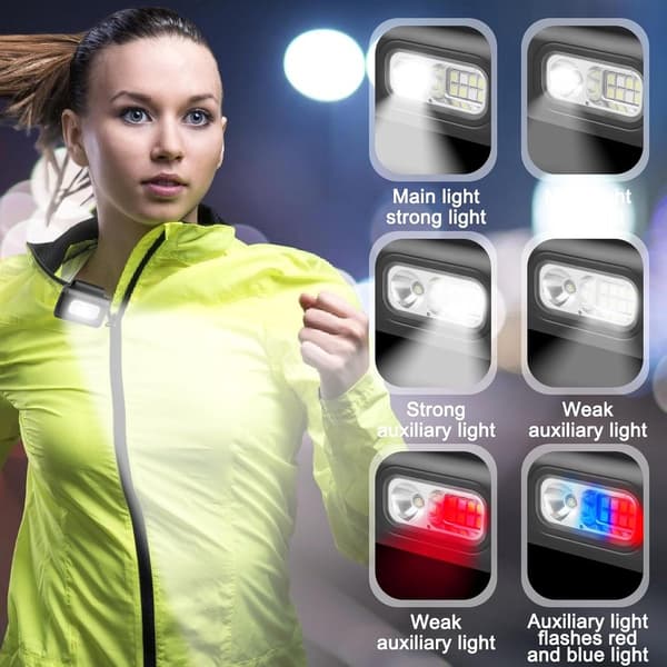 2 stk. LED-klipplykt, oppladbar, liten hodelykt, brystlys, mini-hodelykt, nattlys, USB-løpelys for løping, jogging, camping
