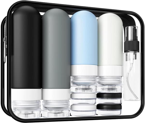 ING 18-pack rese-toalettartikelflaskor, läckagesäkra silikonflaskor för schampo och balsam, unisex, viktigt för flygresor, grå