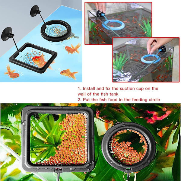 4x Flydende Foderringe - Akvariefoderringe - Flydende Fiskefoderringe - Fiskefoderringe med Sugekopper - Sort