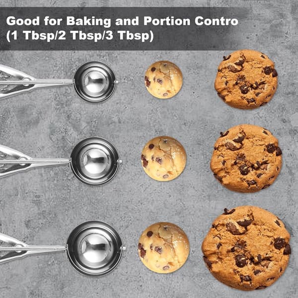 Cookie Ske Sæt - Tre-delt Cookie Ske Sæt - Rustfrit Stål - 4cm + 5cm + 6cm - Is Scoop Clip