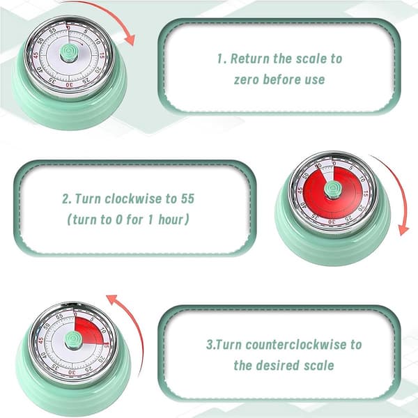Mekanisk kjøkkentimer, 60 minutters nedtellingstimer, rustfritt stål, retrodesign, mintgrønn, kort timer for matlaging og baking