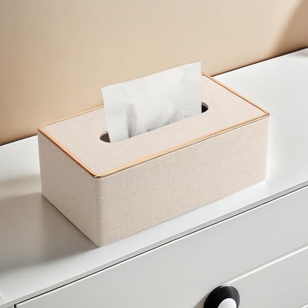 ING Rektangulär servettboxhållare med PU-läder, lämplig för hem eller kontor (pärlvit)