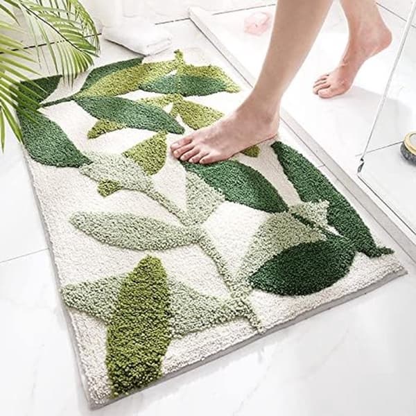 Skridsikker bademåtte - 50x80cm - Holdbart absorberende badeværelsestæppe - Grønne blade
