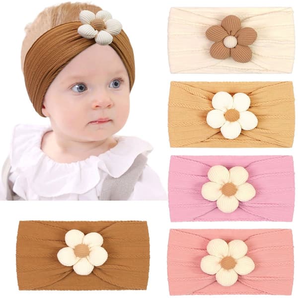 5-delt babysæt med blomster (0-3 år) - Bløde elastiske hårbånd - Babyhårbånd - Hårtilbehør til piger