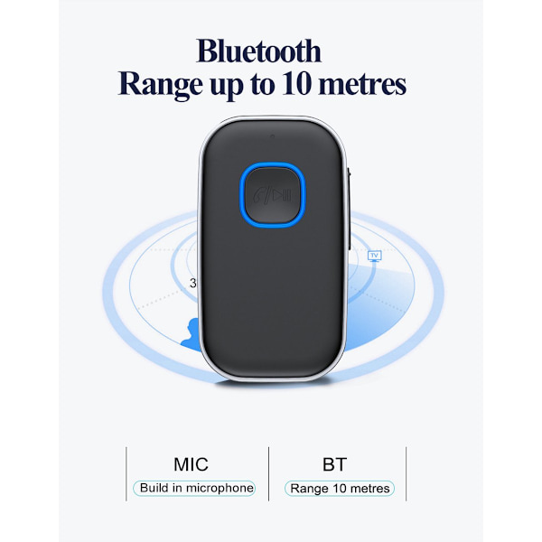 Bluetooth-mottaker - 16 timer trådløs tilkobling - Bluetooth 5.0 - 3,5 mm AUX