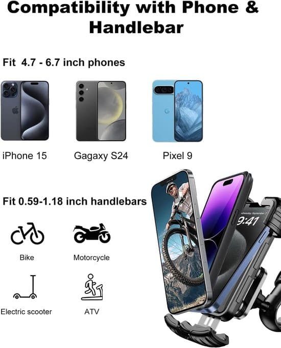 Cykel Telefonholder - Universal Smartphone Holder - 720° Rotation - Stødsikker Silikone - Sort ABS + Rustfrit Stål