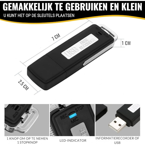 USB Digital Stemmeoptager, Mini Bærbar Stemmeoptager 8GB, Ideel lydoptager til møder, interviews, konferencer