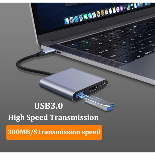 3-i-1 USB-C til HDMI Adapter - USB Dock - 4K HDMI - Multi-Port Adapter - Kompatibel med Android/iOS/Windows