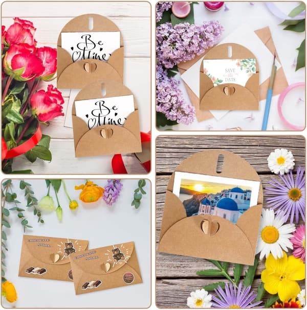 ING 50 brune konvolutter (10,5*7 cm) - inkluderer et blankt papirkort (5*9 cm) - papirkonvolutter med hjerteformet forsegling
