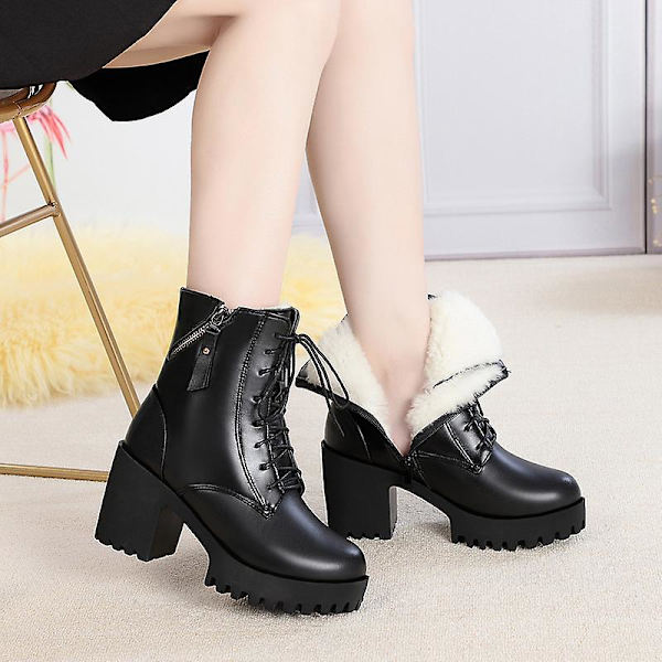 Aito nahka luonnonvilla lämpimät saappaat naisille Black 34