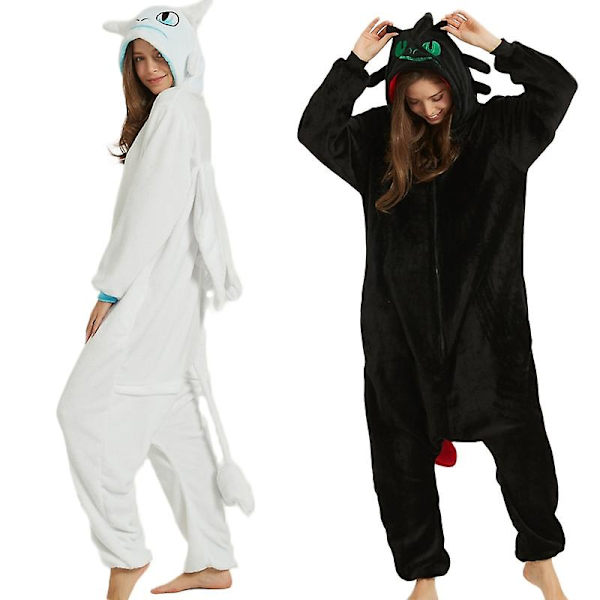 Tandlös drake Vit Svart Onesie Vuxen unisex Flanell Pyjamas Anime Cosplay Kostym Träna din natt Fury Sovkläder E46762ac White L  166*175cm