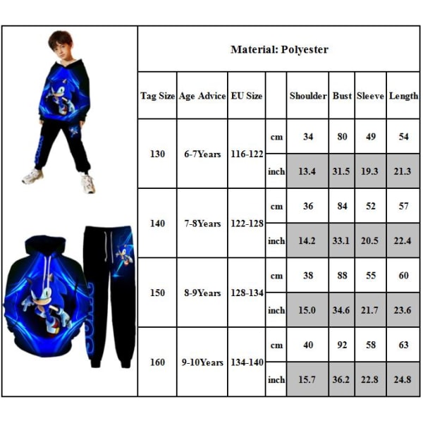 Lasten poika Sonic the Hedgehog -hupparit ja -housut Treenipuku 150cm