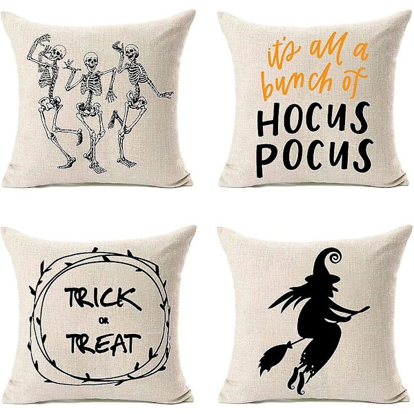 Halloween tyynyliina 18x18, halloween koristeet Trick or treat luuranko noita puuvilla pellava tyynyliina setti 4, halloween koriste, syksy koriste