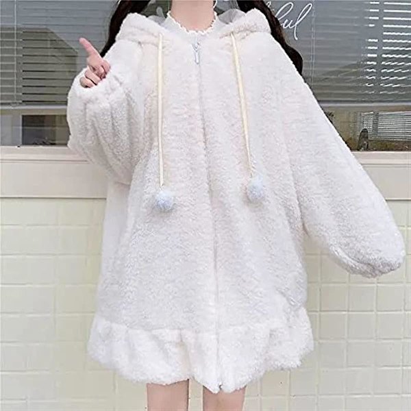 Sød Bunny Ear Hoodie Fuzzy Fluffy Kanin Sweater Sweatshirt Pullover Toppe Langærmet Kawaii Jakke Frakker Hvid XL white xl