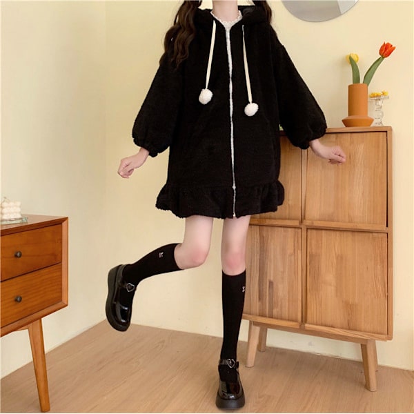 Damer Sød Bunny Ear Hoodie Fuzzy Fluffy Kanin Sweater Sweatshirt Pullover Toppe Langærmet Kawaii Jakke Frakker sort XL black xl