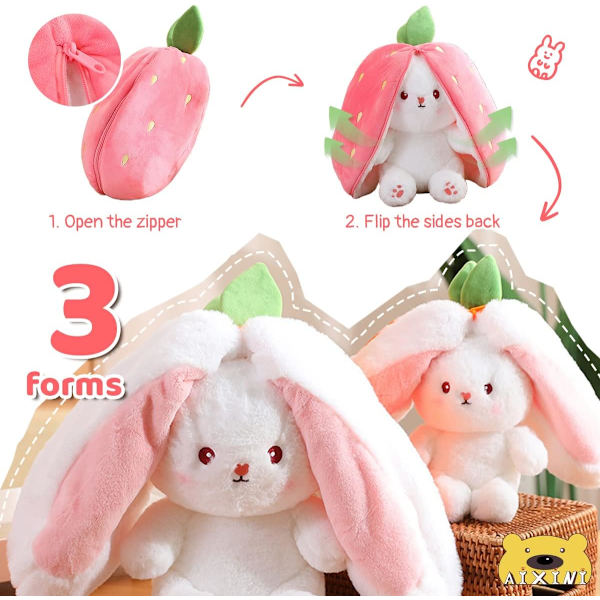 Xishao Bunny Plysch Söpö Mansikkakani Pehmolelu, Luppakorvainen Kani Plyysi Mansikka-Asulla, 10\" Strawberry Rabbit 10 inch
