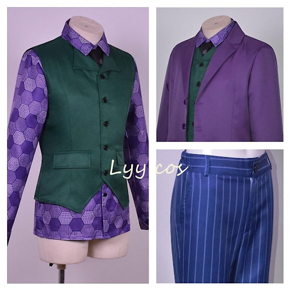 Heath Ledger cosplay-asu elokuvasta The Dark Knight Joker-asu violetti viitta täysi setti Halloween Joker-tuuli takki cos-WELLNGS XS