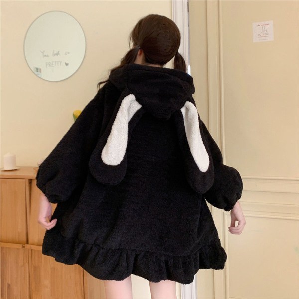 Damer Søt Kaninøre Hoodie Fuzzy Fluffy Kanin Genser Genseren Pullover Topper Langærmet Kawaii Jakke Frakker Svart XXL black xxl